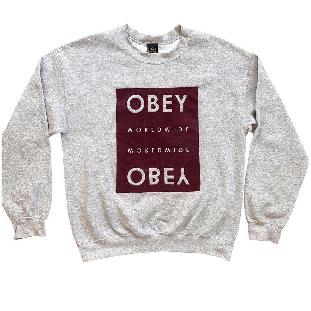 Obey Sweatshirt Womens Medium Gray Good Worldwide Graphic Crewneck Pullover